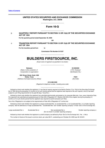 Thumbnail Builders FirstSource
 10-Q Quarterly Report FY 