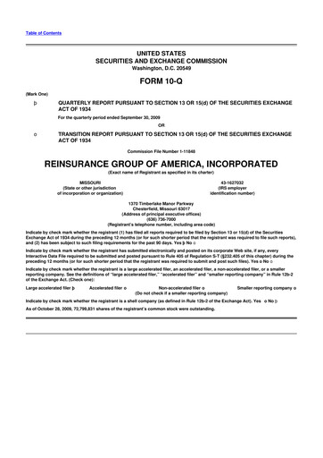 Thumbnail Reinsurance Group of America
 10-Q Quarterly Report FY 