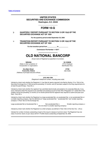 Miniature Old National Bank
 10-Q Rapport trimestriel  