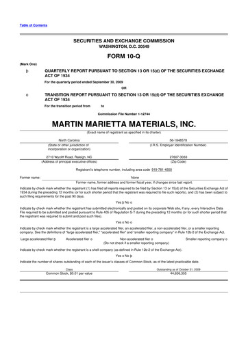 Thumbnail Martin Marietta Materials 10-Q Quarterly Report FY 