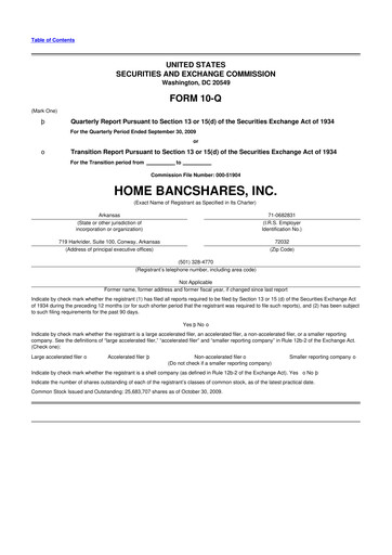 Thumbnail Home BancShares
 10-Q Quarterly Report FY 