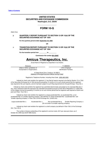 Thumbnail Amicus Therapeutics
 10-Q Quarterly Report FY 