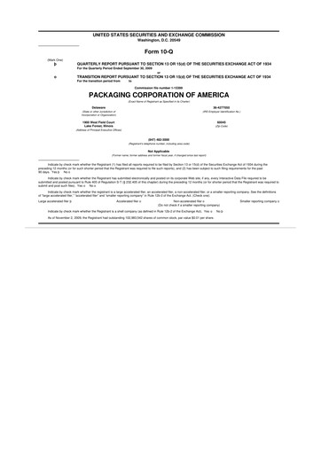 Thumbnail Packaging Corporation of America
 10-Q Quarterly Report FY 