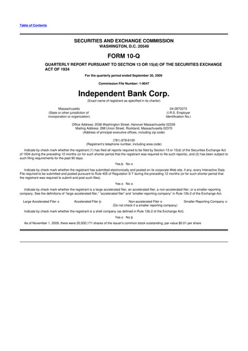 Thumbnail Independent Bank Corp. 10-Q Quarterly Report FY 