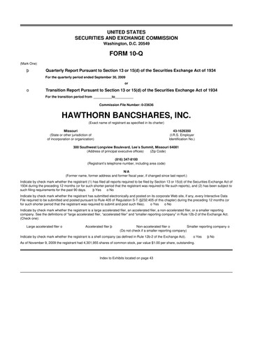 Thumbnail Hawthorn Bancshares 10-Q Quarterly Report FY 