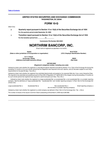 Thumbnail Northrim BanCorp 10-Q Quarterly Report FY 