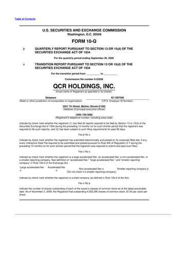 Miniature QCR Holdings
 10-Q Rapport trimestriel  