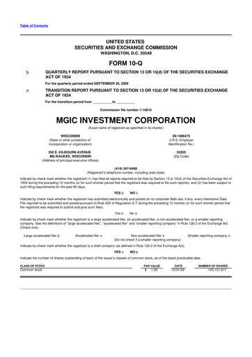Thumbnail MGIC Investment
 10-Q Quarterly Report FY 