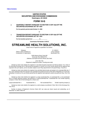 Thumbnail Streamline Health Solutions 10-Q Quarterly Report FY 