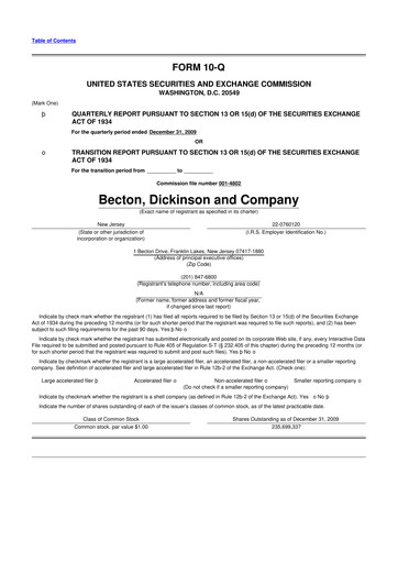 Thumbnail Becton Dickinson 10-Q Quarterly Report FY 