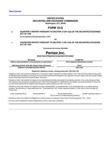 Thumbnail Pentair
 10-Q Quarterly Report FY 