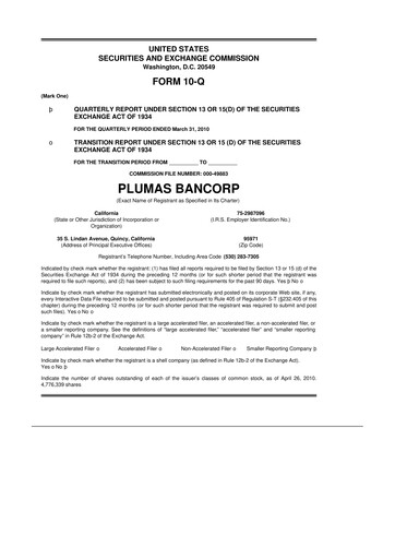 Miniature Plumas Bancorp 10-Q Rapport trimestriel  