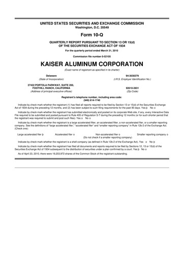 Thumbnail Kaiser Aluminum
 10-Q Quarterly Report FY 
