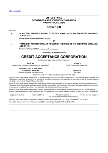 Miniature Credit Acceptance
 10-Q Rapport trimestriel  