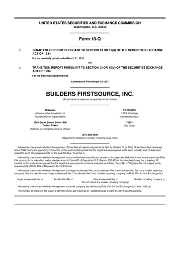Thumbnail Builders FirstSource
 10-Q Quarterly Report FY 