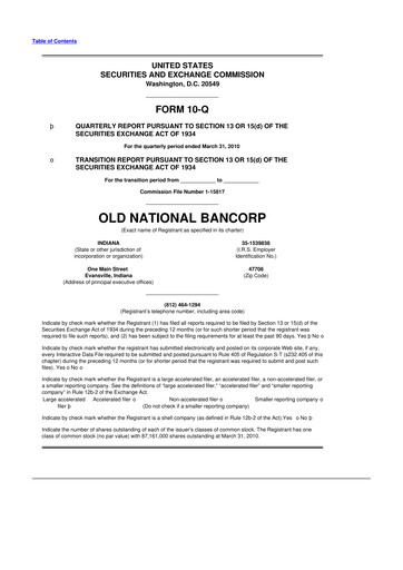 Miniature Old National Bank
 10-Q Rapport trimestriel  
