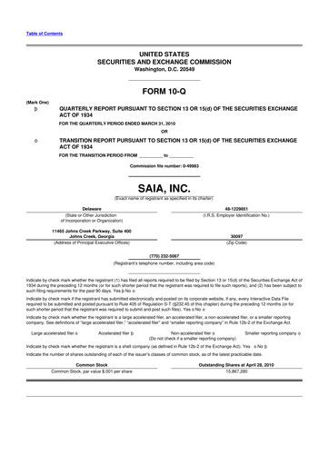 Thumbnail Saia
 10-Q Quarterly Report FY 