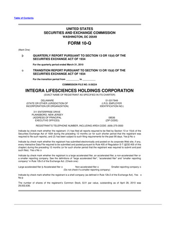 Miniature Integra LifeSciences 10-Q Rapport trimestriel  