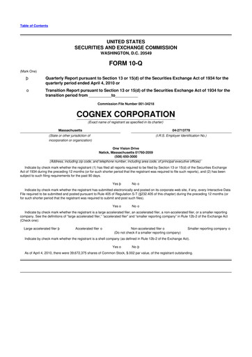 Thumbnail Cognex 10-Q Quarterly Report FY 