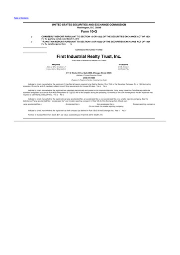 Thumbnail First Industrial Realty Trust 10-Q Quarterly Report FY 