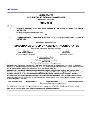 Thumbnail Reinsurance Group of America
 10-Q Quarterly Report FY 