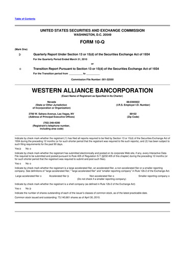 Thumbnail Western Alliance Bancorporation
 10-Q Quarterly Report FY 