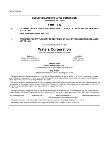 Thumbnail Waters Corporation 10-Q Quarterly Report FY2010 