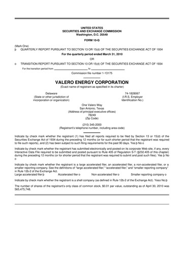 Thumbnail Valero Energy 10-Q Quarterly Report FY2010 