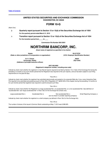 Thumbnail Northrim BanCorp 10-Q Quarterly Report FY 