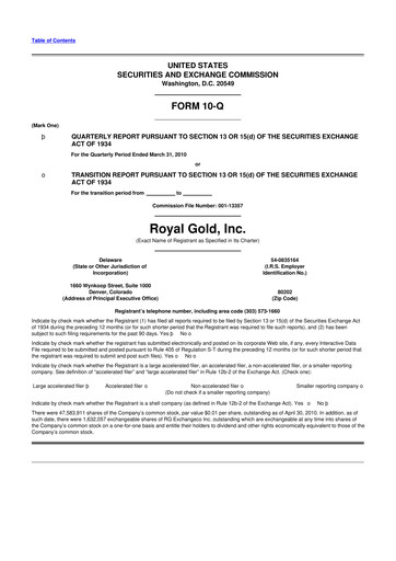 Thumbnail Royal Gold
 10-Q Quarterly Report FY 