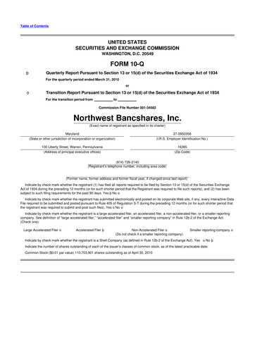 Thumbnail Northwest Bancshares
 10-Q Quarterly Report FY 
