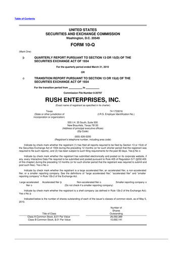 Thumbnail Rush Enterprises
 10-Q Quarterly Report FY 