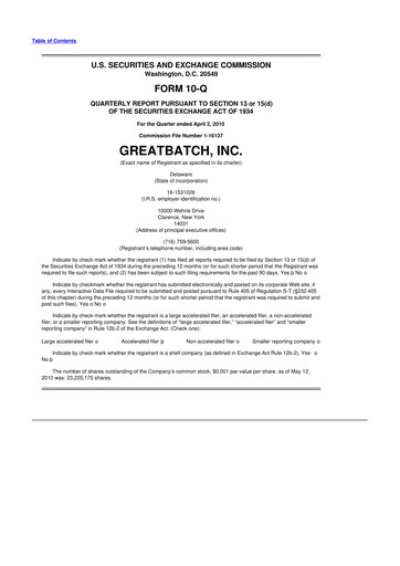 Miniature Integer Holdings
 10-Q Rapport trimestriel  