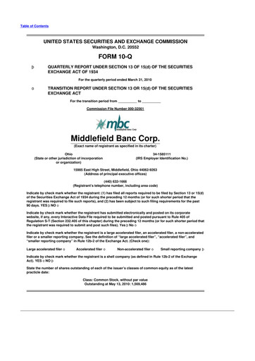 Thumbnail Middlefield Banc
 10-Q Quarterly Report FY 