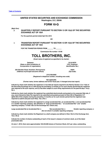 Thumbnail Toll Brothers
 10-Q Quarterly Report FY 