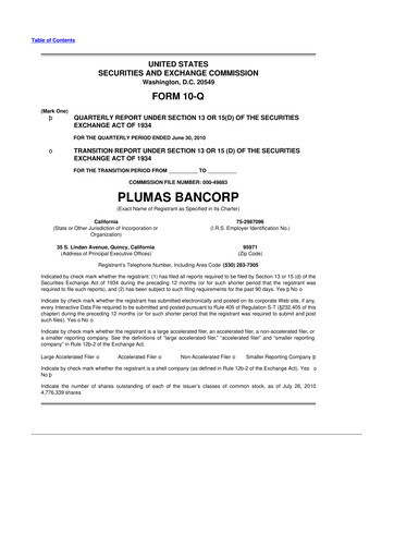 Miniature Plumas Bancorp 10-Q Rapport trimestriel  