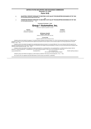 Miniature Group 1 Automotive 10-Q Rapport trimestriel  