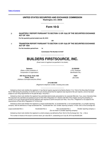 Thumbnail Builders FirstSource
 10-Q Quarterly Report FY 