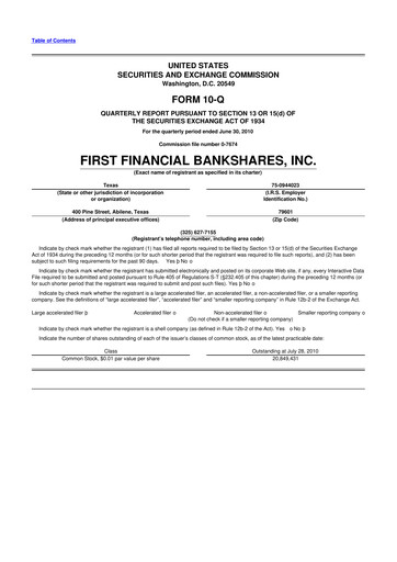 Thumbnail First Financial Bankshares 10-Q Quarterly Report FY2010 
