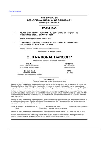 Miniature Old National Bank
 10-Q Rapport trimestriel  