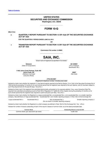 Thumbnail Saia
 10-Q Quarterly Report FY 