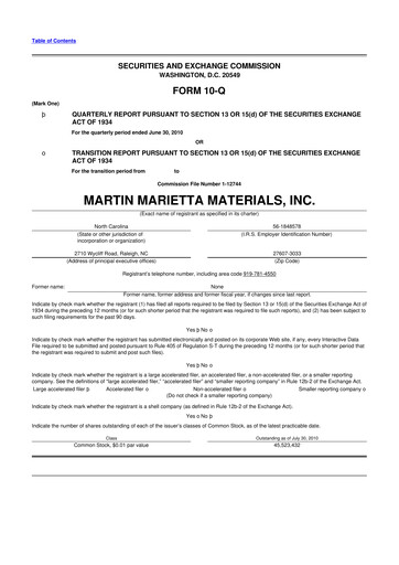 Thumbnail Martin Marietta Materials 10-Q Quarterly Report FY2010 
