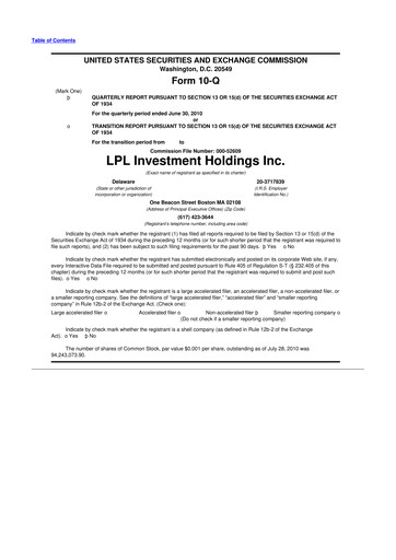 Thumbnail LPL Financial
 10-Q Quarterly Report FY 