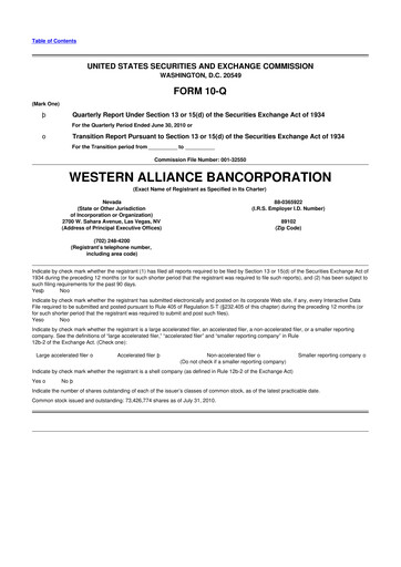 Thumbnail Western Alliance Bancorporation
 10-Q Quarterly Report FY 