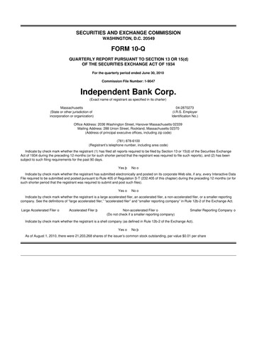 Thumbnail Independent Bank Corp. 10-Q Quarterly Report FY 