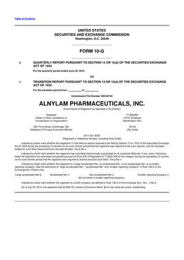 Thumbnail Alnylam Pharmaceuticals
 10-Q Quarterly Report FY2010 