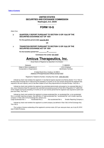 Thumbnail Amicus Therapeutics
 10-Q Quarterly Report FY 
