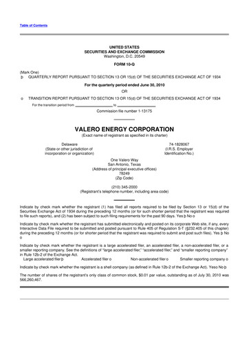 Thumbnail Valero Energy 10-Q Quarterly Report FY2010 