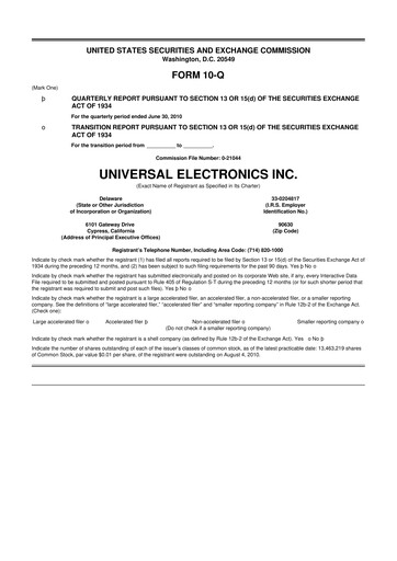Miniature Universal Electronics 10-Q Rapport trimestriel  