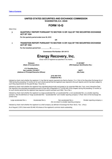 Thumbnail Energy Recovery
 10-Q Quarterly Report FY 